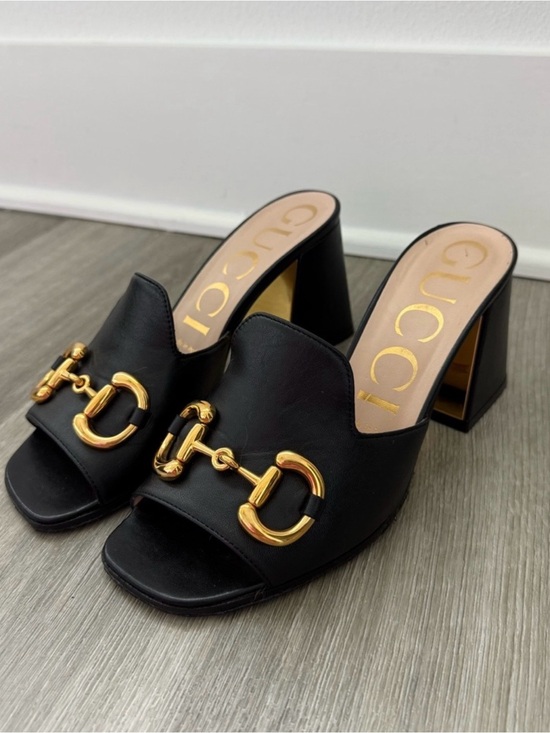 Gucci Shoes - Gucci Black Leather Heel Sandal with Gold Horsebit
